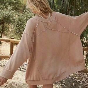 Free People Movement Oversized Raw Seam Side Zip Sweatshirt cream/tan pullover L